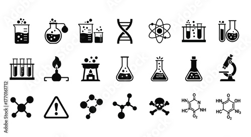Simple solid glyph icon pack for science and chemistry themes, including lab equipment, molecules, and safety symbols