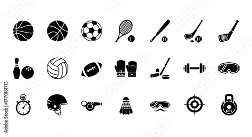 A comprehensive set of simple black glyph icons representing various sports, athletic games, and fitness equipment on a white background