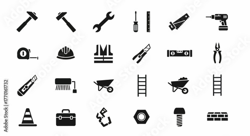 Industrial tool and equipment icon collection. Simple black silhouette vector graphics for construction and building themes