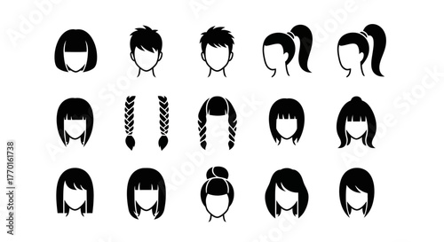 A diverse set of modern hair style icons, featuring various haircuts and hairdos like bobs, braids, and buns for character design