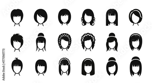 A versatile collection of female hairstyle icons in a simple black silhouette style. Vector graphics set of various women's haircut designs