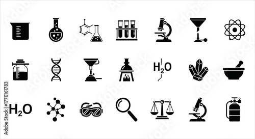 Glyph icon set of chemistry lab equipment, scientific symbols, and research tools for scientific study and experiments