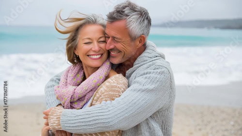 Romantic middle-aged couple enjoying a peaceful evening together on the beach. Love, connection, and togetherness concept for mature relationships and slow living lifestyle
