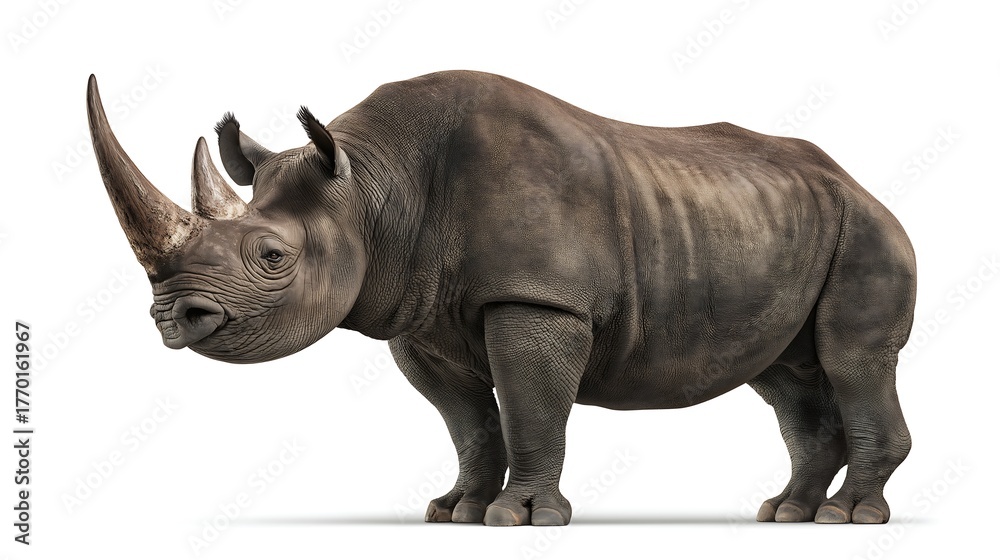 Fototapeta premium Black rhinoceros, Rhinoceros bicornis smiling gently and raising one foot, isolated on white background, realistic wildlife photography, detailed skin texture