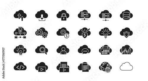 Set of solid black glyph icons representing cloud computing, data storage, online services and network technology concepts