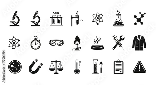 A comprehensive kufu collection of science and chemistry icons. Vector glyph symbols for laboratory research, experiments, and education