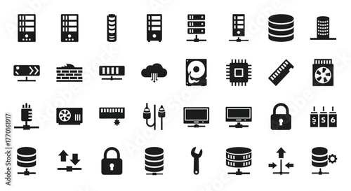 Ingenious set of solid black glyph icons for computer hardware, database management, and cloud server technology