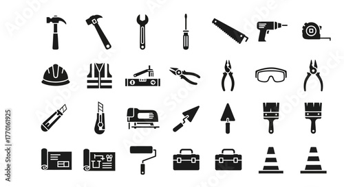 A comprehensive set of solid black glyph icons representing various construction, repair, and DIY tools for building projects