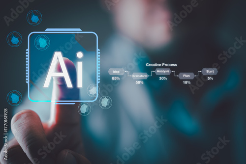 Hand touching a futuristic digital interface with use AI to help work.  Technology and people use AI help work concept