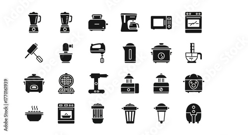 A versatile set of black silhouette icons representing ingenious kitchen appliances and culinary equipment for cooking and food preparation