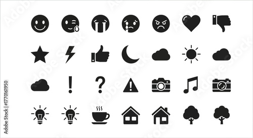 A comprehensive set of flat black vector glyph icons representing emotions, weather, technology, and common symbols for UI design