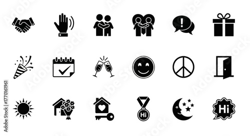 Versatile collection of solid glyph icons representing friendship, celebration, positive communication, and everyday life