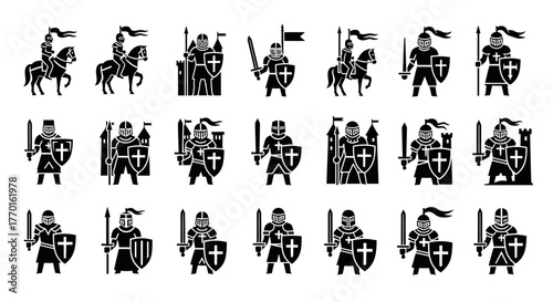 A comprehensive collection of medieval knight icons in a solid glyph style, featuring warriors, cavalry, and castle elements for design