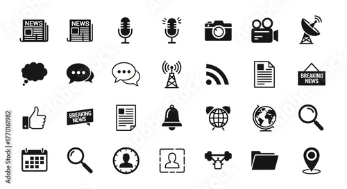 A versatile collection of flat glyph icons representing media, communication, and technology concepts, designed for modern digital user interfaces