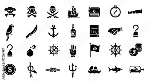 Set of simple black pirate icons featuring a skull, ship, treasure, anchor, and parrot, presented in a minimalist kufu vector glyph style