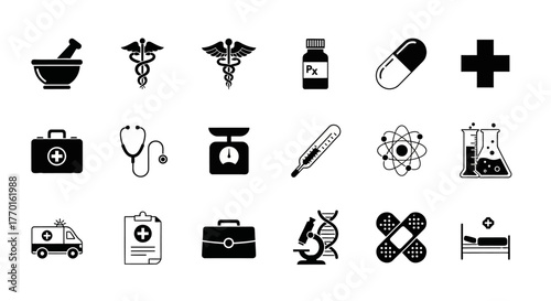 A versatile set of solid glyph icons representing medical, healthcare, and scientific concepts for modern design projects