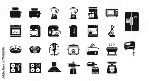 A comprehensive set of black glyph icons representing various household kitchen appliances for cooking and food preparation