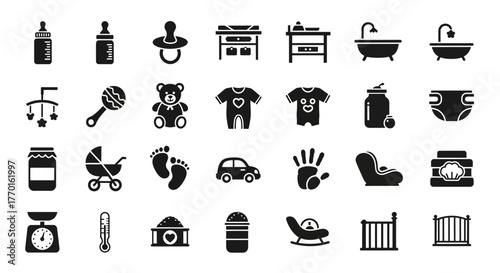 A comprehensive collection of baby care and newborn essentials presented as a set of simple black glyph icons for web and print