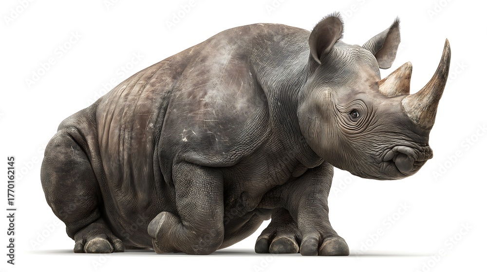 Obraz premium Black rhinoceros, Rhinoceros bicornis smiling gently and raising one foot, isolated on white background, realistic wildlife photography, detailed skin texture