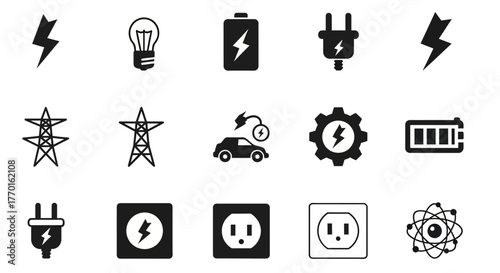 A comprehensive vector icon set featuring symbols for electricity, power generation, battery charging, and renewable energy technology