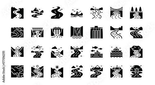 Collection of river glyph icons. A set of solid vector pictograms showing waterways, streams, dams, bridges, and nature landscapes
