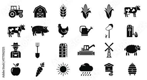 Comprehensive collection of simple black glyph icons representing agriculture, farming, livestock, and rural life