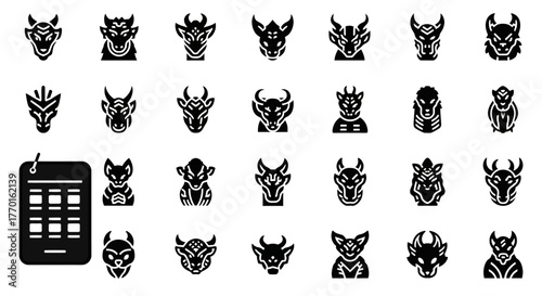 Vector collection of stylized monster heads and demon face icons, featuring various mythological creature glyphs for fantasy projects