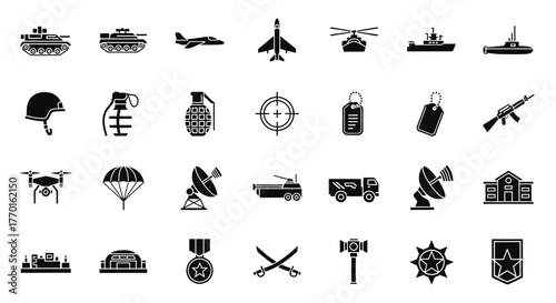 A comprehensive collection of solid military glyph icons representing army, combat, and warfare concepts, including vehicles, weapons, and tactical symbols