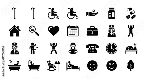 Nursing home and senior care solid icon set depicting medical support, assisted living, and wellness kufu for elderly people