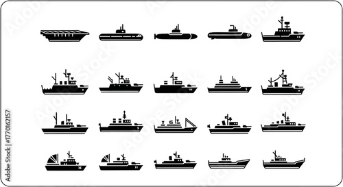 A comprehensive set of monochrome pixelated icons depicting various naval warships, submarines, and an aircraft carrier