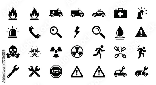 Monochrome glyph icon collection featuring symbols for safety, emergency, danger, and roadside assistance services