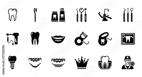 A complete collection of monochrome glyph icons representing dentistry, oral hygiene, and orthodontic treatments