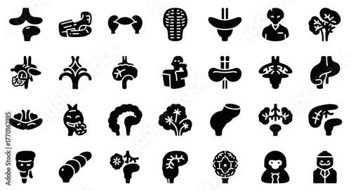Collection of black glyph icons featuring human internal organs like the brain and intestines, alongside stylized character symbols