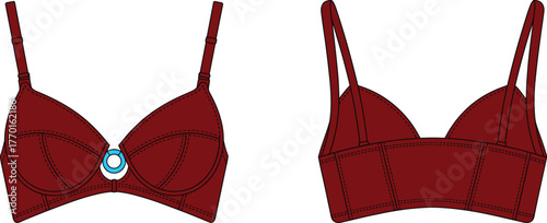 Cad drawing, flat vector illustration, red bra, front view, back view, lingerie design, adjustable straps, fashion sketch, garment template