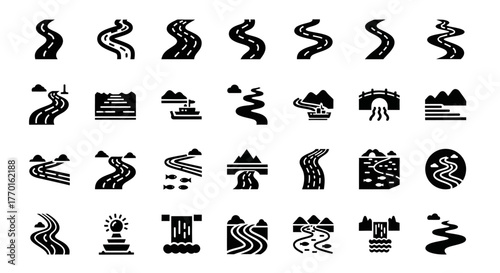 Collection of black silhouette icons depicting winding roads, rivers, and pathways. Versatile vector symbol set for journey, travel, and landscape concepts