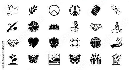 A curated collection of minimalist line icons representing peace, hope, and global harmony