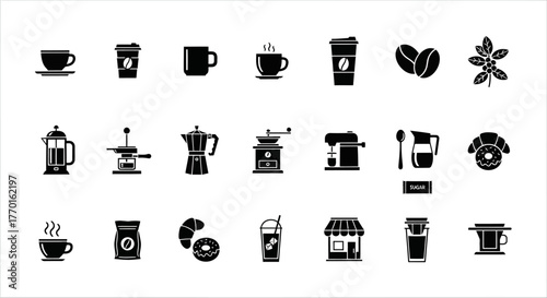 A collection of coffee glyph icons representing cafe elements, barista equipment, and brewing methods. A versatile set of simple vector symbols