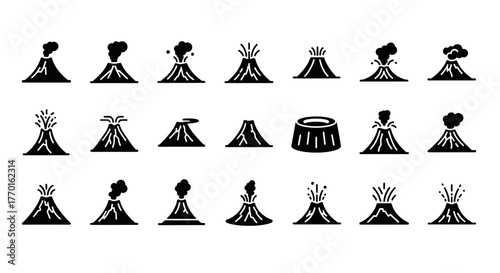 Set of black volcano vector icons. Simple glyphs depicting volcanic eruption, smoke, magma, and dormant mountains for geology and disaster concepts