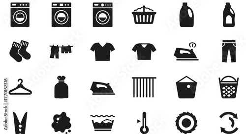 A comprehensive set of well-devised glyph icons representing laundry, cleaning, and clothing care services, isolated on white