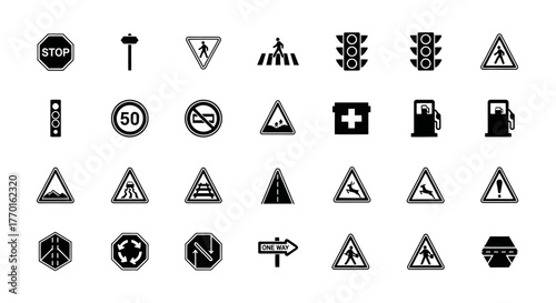 Comprehensive glyph icon set of monochrome road signs, including traffic signals, warning symbols, and regulatory street signage for web and print