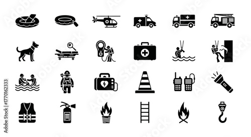 A comprehensive set of solid glyph icons depicting emergency services, search and rescue operations, and safety equipment