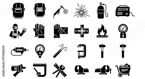 A comprehensive set of solid black glyph icons representing various welding tools, safety equipment, and metal fabrication symbols for industrial use