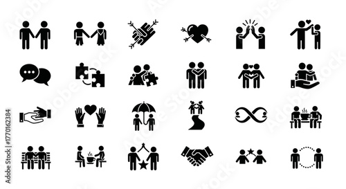 A versatile set of solid glyph icons depicting friendship, teamwork, partnership, and love. Symbols for collaboration, community, and human connection