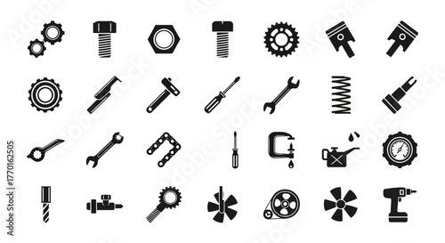 Monochrome icon set of mechanical tools and engineering components like gears, bolts, wrenches, and pistons on a white background