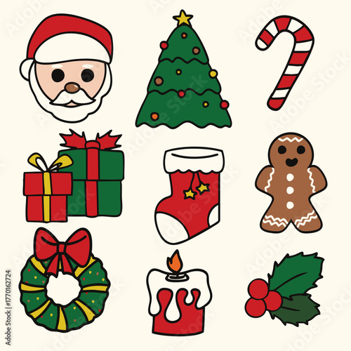 Christmas element vector illustration set, fir trees, gifts, candles, christmas socks or stockings.