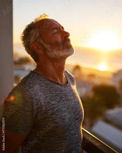 senior man doing breathing exercise on balcony sunrise