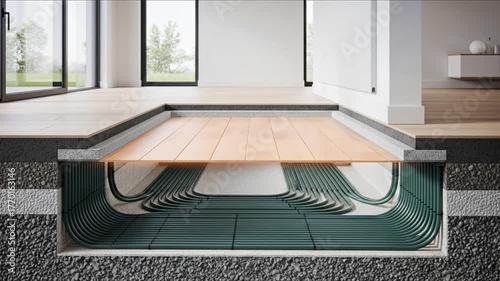 Modern home comfort and energy efficiency concept illustrated by a detailed cross-section of a floor with a radiant heating system