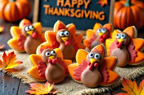 Thanksgiving Cookies with Turkeys and Pumpkins on Festive Table