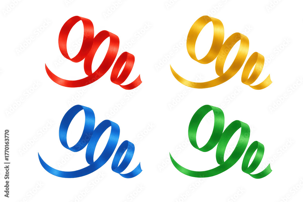 Fototapeta premium Colorful curling celebration ribbons creating a festive party decoration, isolated on a transparent background