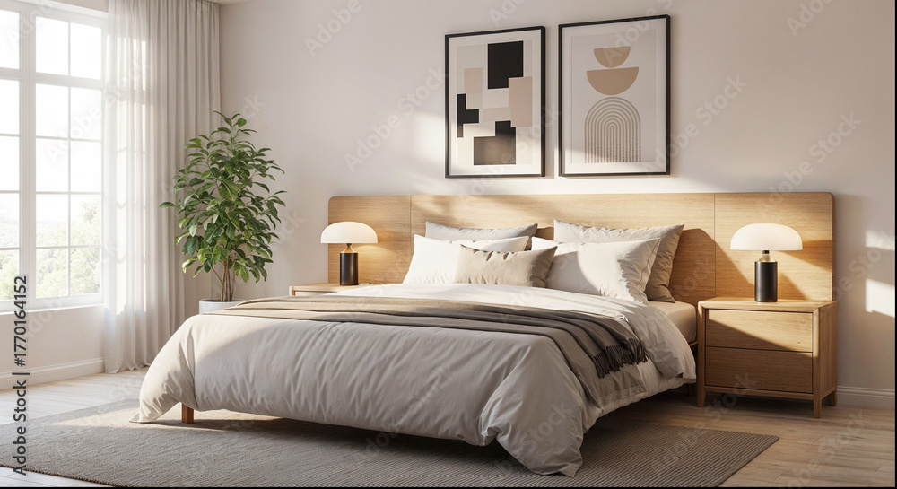 Fototapeta premium Modern minimalist bedroom interior with wooden bed, cozy bedding, abstract wall art, and natural sunlight through window 